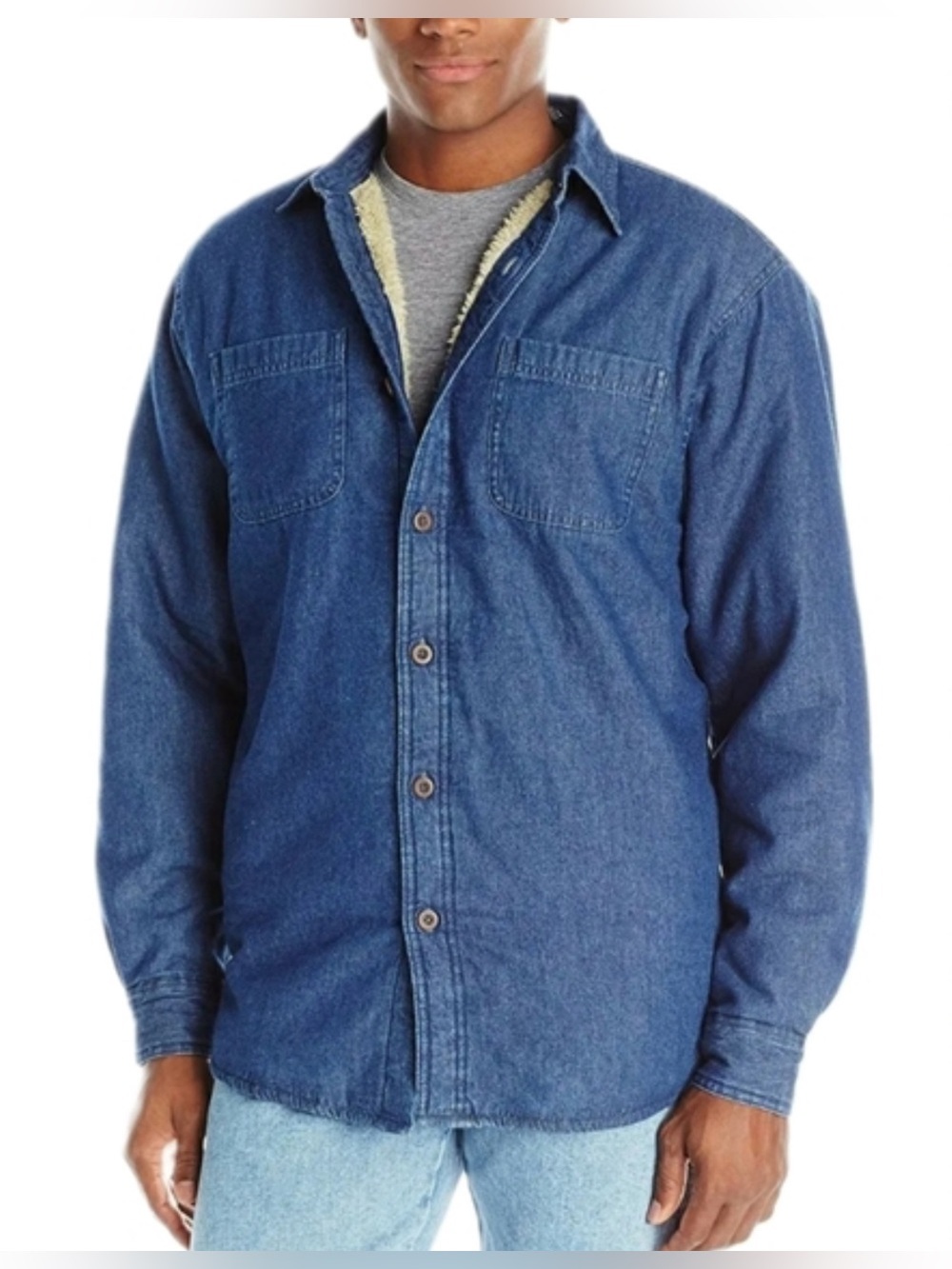 Wrangler Blue Denim Shirt Jacket, Sherpa lined, button down, size XL, EUC